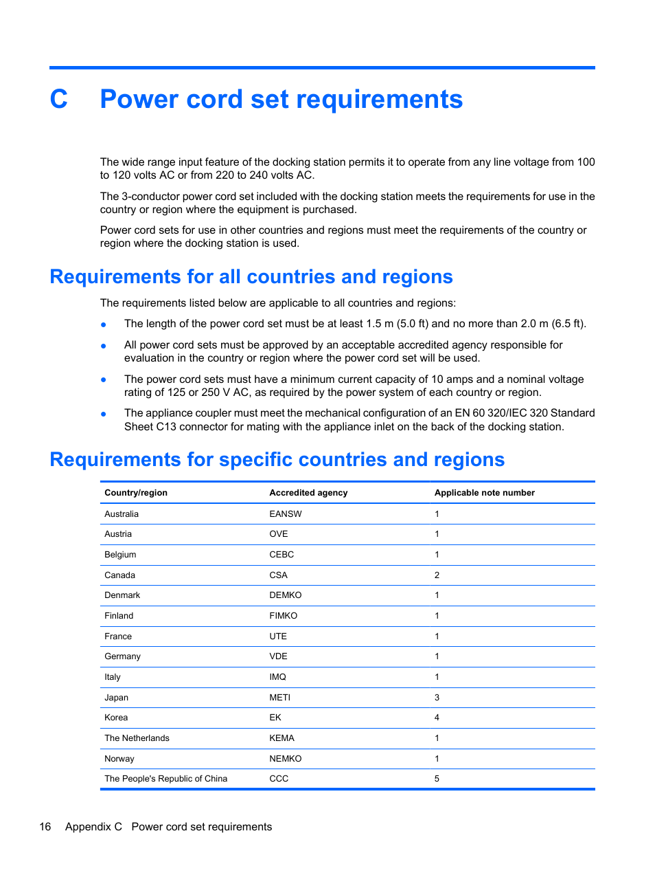 Power cord set requirements, Requirements for all countries and regions, Requirements for specific countries and regions | Appendix c power cord set requirements, Cpower cord set requirements | HP EliteBook 2540p Notebook PC User Manual | Page 20 / 23