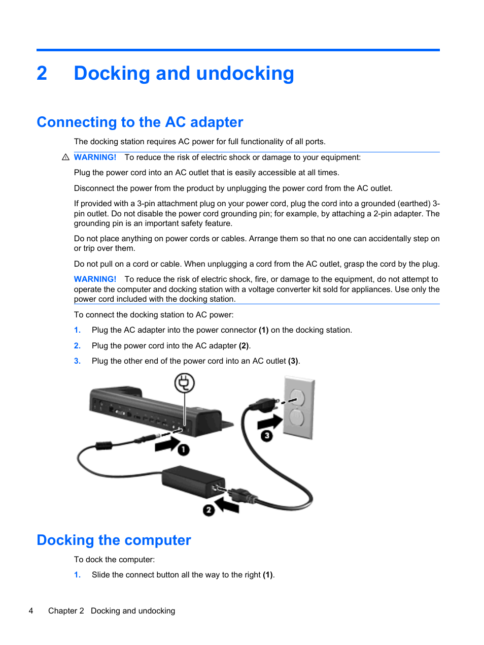 Docking and undocking, Connecting to the ac adapter, Docking the computer | 2 docking and undocking, Connecting to the ac adapter docking the computer, 2docking and undocking | HP EliteBook 2540p Notebook PC User Manual | Page 8 / 23