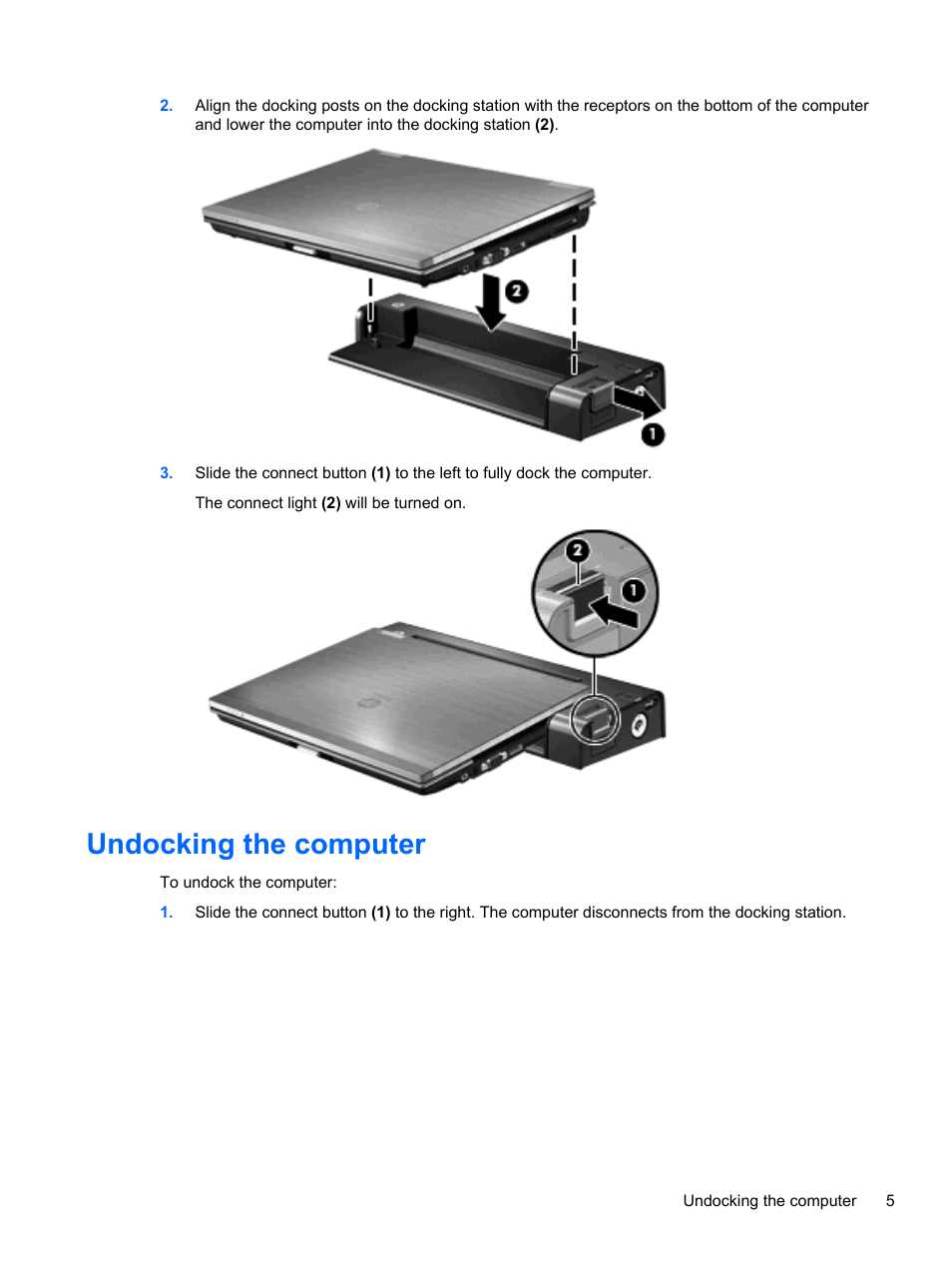 Undocking the computer | HP EliteBook 2540p Notebook PC User Manual | Page 9 / 23