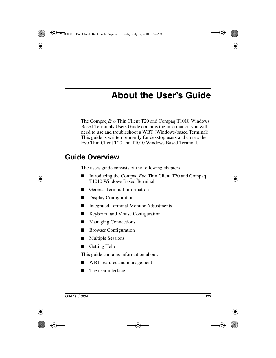 About the user’s guide, Guide overview | HP Compaq t1000 Terminal Thin Client PC series User Manual | Page 20 / 58