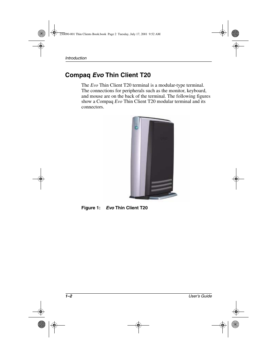 Compaq evo thin client t20, Compaq evo thin client t20 –2 | HP Compaq t1000 Terminal Thin Client PC series User Manual | Page 24 / 58