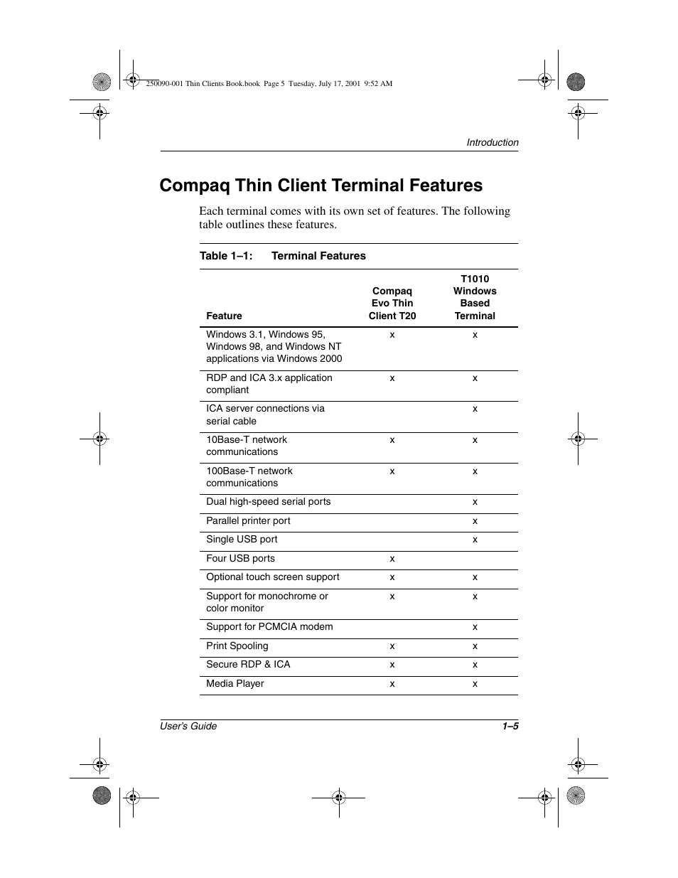 Compaq thin client terminal features, Compaq thin client terminal features –5 | HP Compaq t1000 Terminal Thin Client PC series User Manual | Page 27 / 58