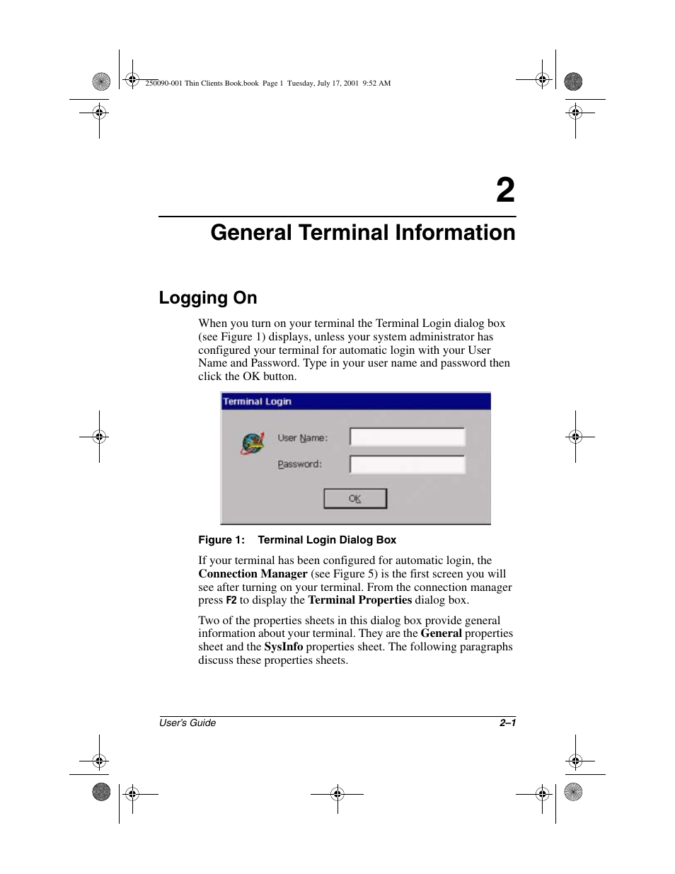 General terminal information, Logging on, Logging on –1 | HP Compaq t1000 Terminal Thin Client PC series User Manual | Page 29 / 58