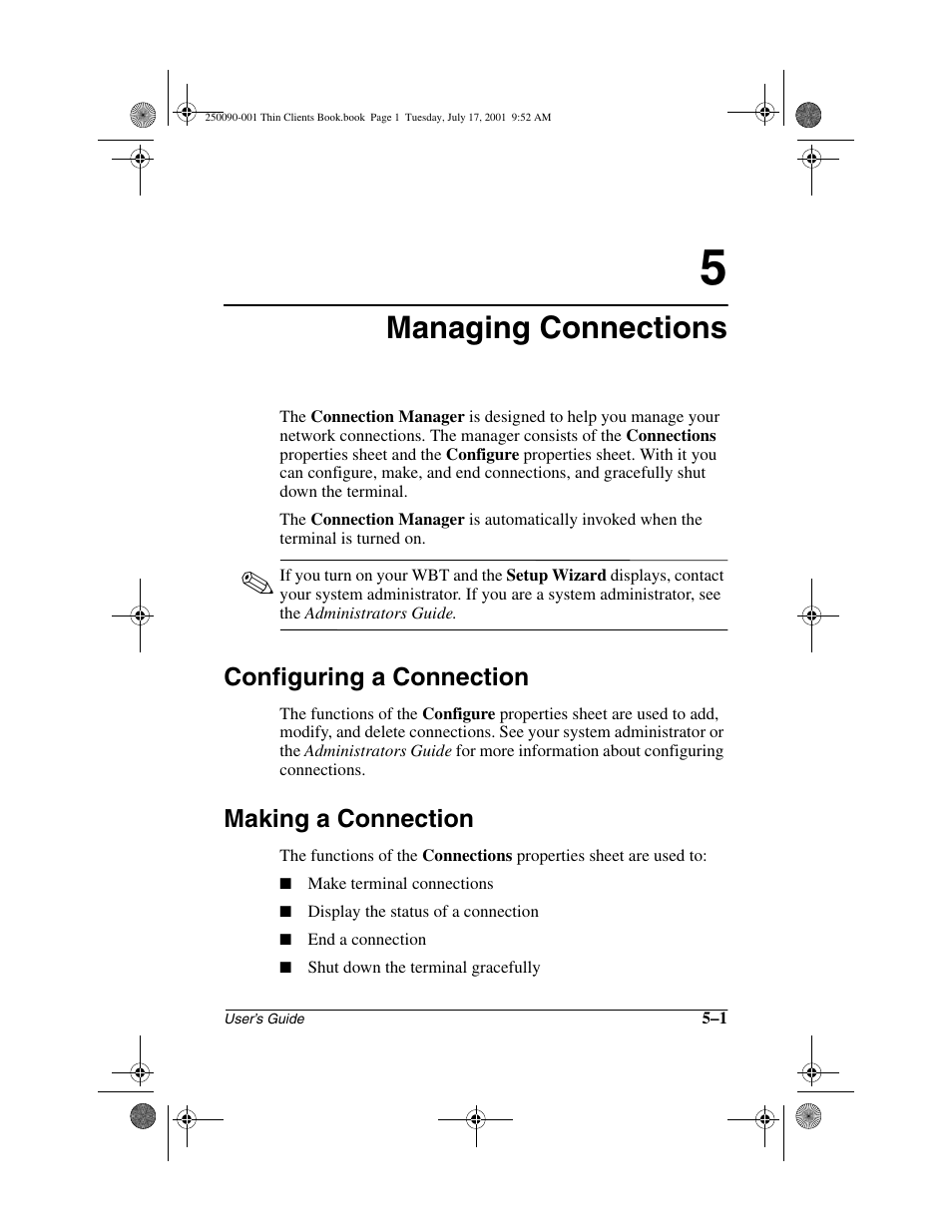 Managing connections, Configuring a connection, Making a connection | Configuring a connection –1 making a connection –1 | HP Compaq t1000 Terminal Thin Client PC series User Manual | Page 45 / 58