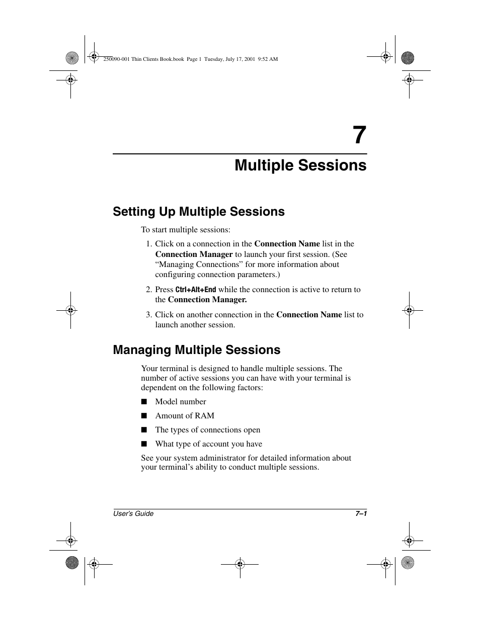 Multiple sessions, Setting up multiple sessions, Managing multiple sessions | HP Compaq t1000 Terminal Thin Client PC series User Manual | Page 53 / 58