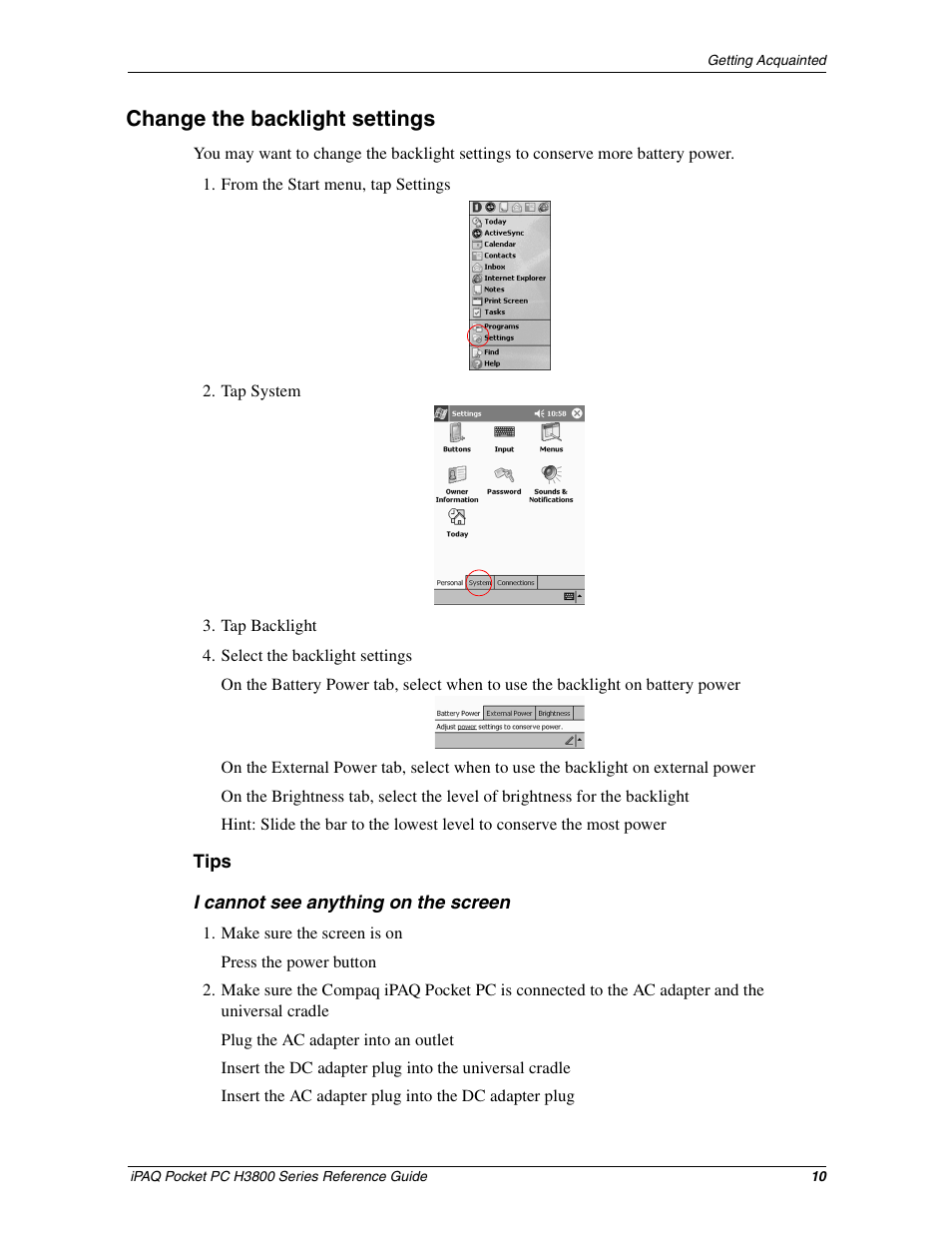 Change the backlight settings | HP iPAQ h3800 Pocket PC series User Manual | Page 10 / 116