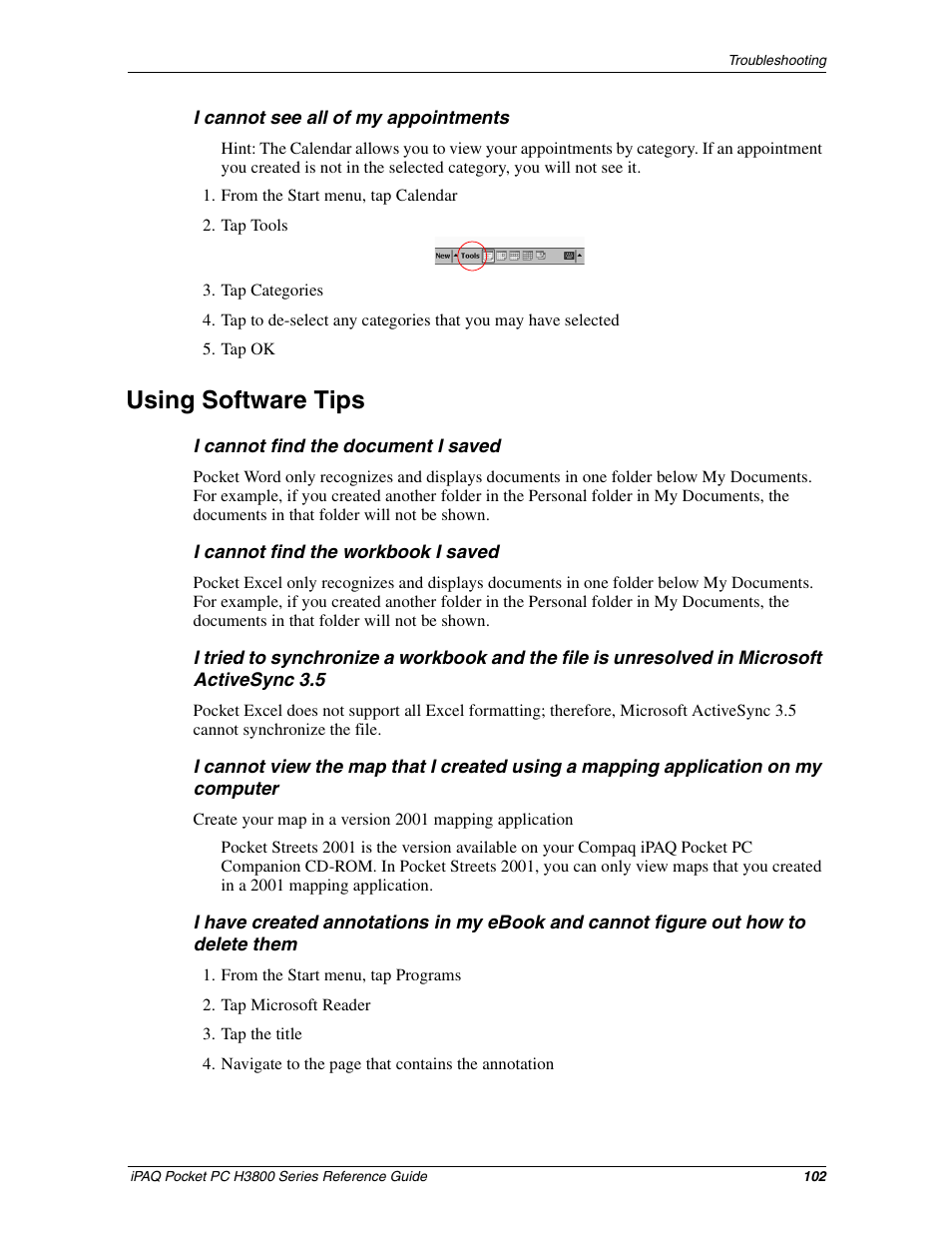 Using software tips | HP iPAQ h3800 Pocket PC series User Manual | Page 102 / 116