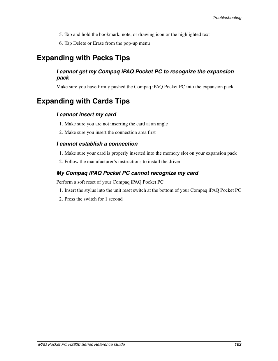 Expanding with packs tips, Expanding with cards tips | HP iPAQ h3800 Pocket PC series User Manual | Page 103 / 116