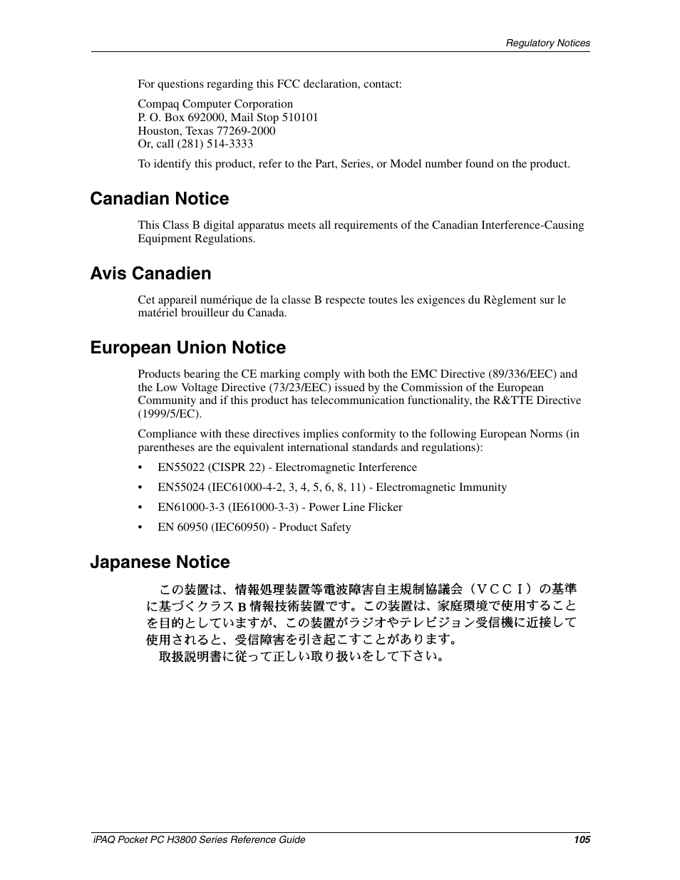Canadian notice, Avis canadien, European union notice | Japanese notice | HP iPAQ h3800 Pocket PC series User Manual | Page 105 / 116