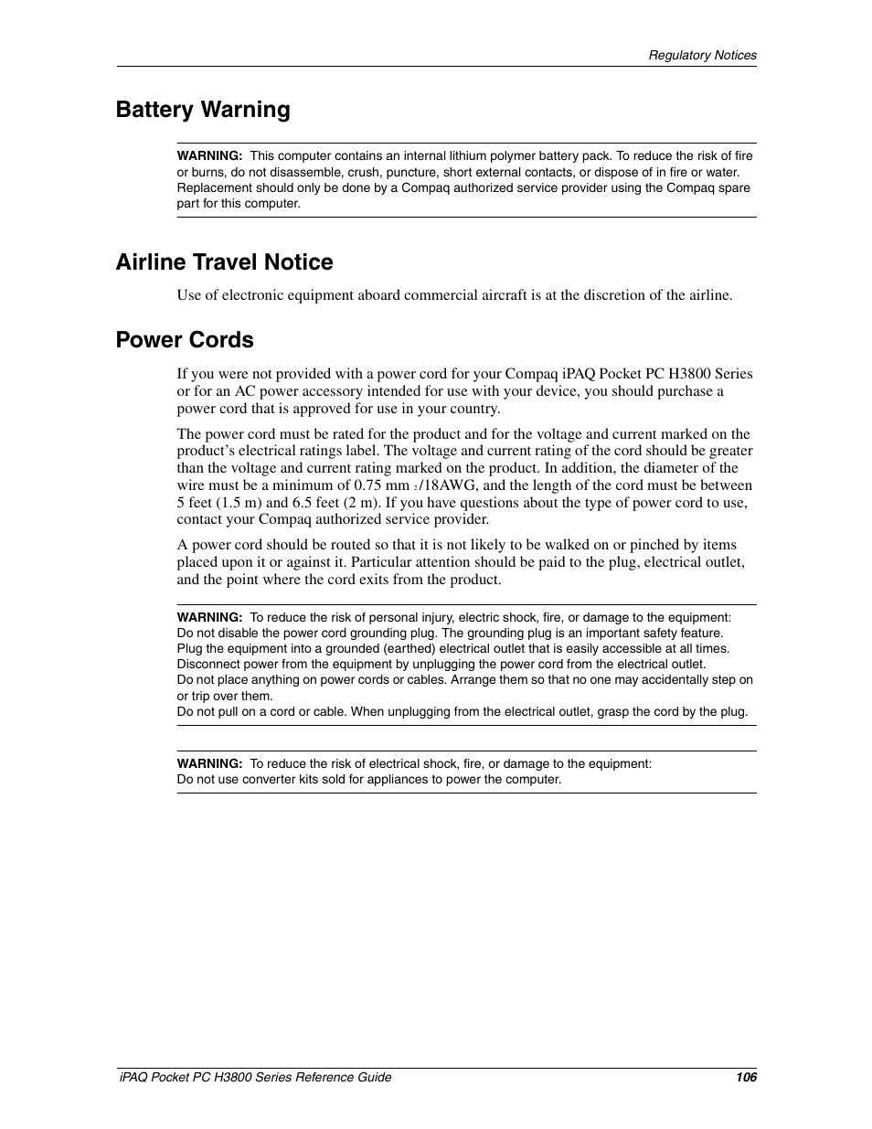 Battery warning, Airline travel notice, Power cords | Battery warning airline travel notice power cords | HP iPAQ h3800 Pocket PC series User Manual | Page 106 / 116