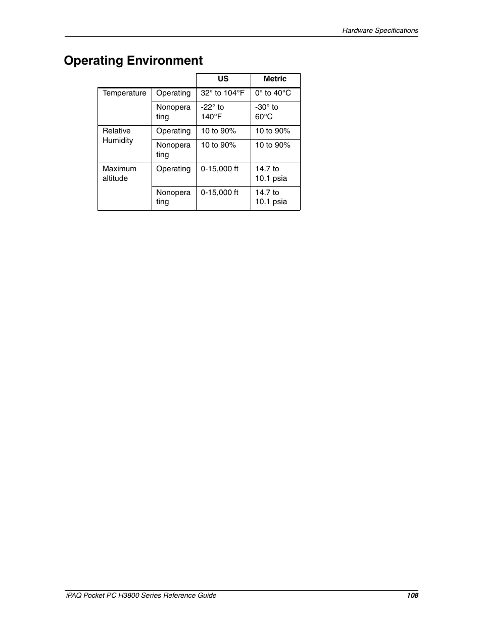 Operating environment | HP iPAQ h3800 Pocket PC series User Manual | Page 108 / 116