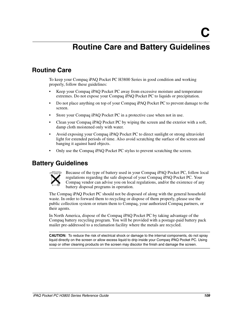 Routine care and battery guidelines, Routine care, Battery guidelines | Appendix c: routine care and battery guidelines, Routine care battery guidelines | HP iPAQ h3800 Pocket PC series User Manual | Page 109 / 116