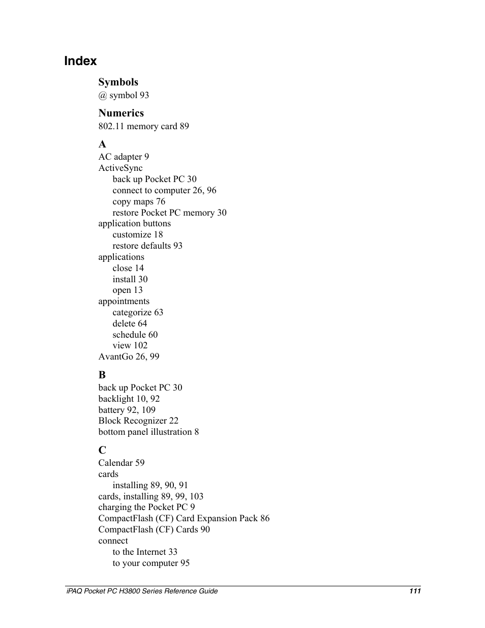 Index | HP iPAQ h3800 Pocket PC series User Manual | Page 111 / 116