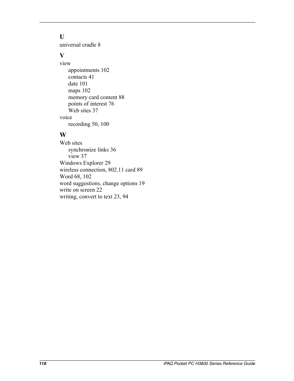 HP iPAQ h3800 Pocket PC series User Manual | Page 116 / 116