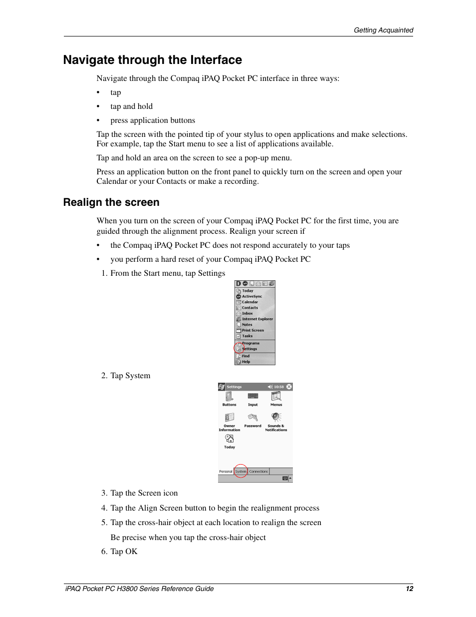 Navigate through the interface, Realign the screen | HP iPAQ h3800 Pocket PC series User Manual | Page 12 / 116