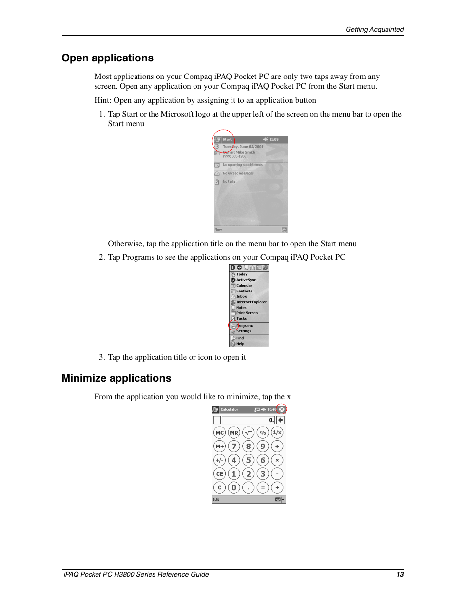 Open applications, Minimize applications | HP iPAQ h3800 Pocket PC series User Manual | Page 13 / 116
