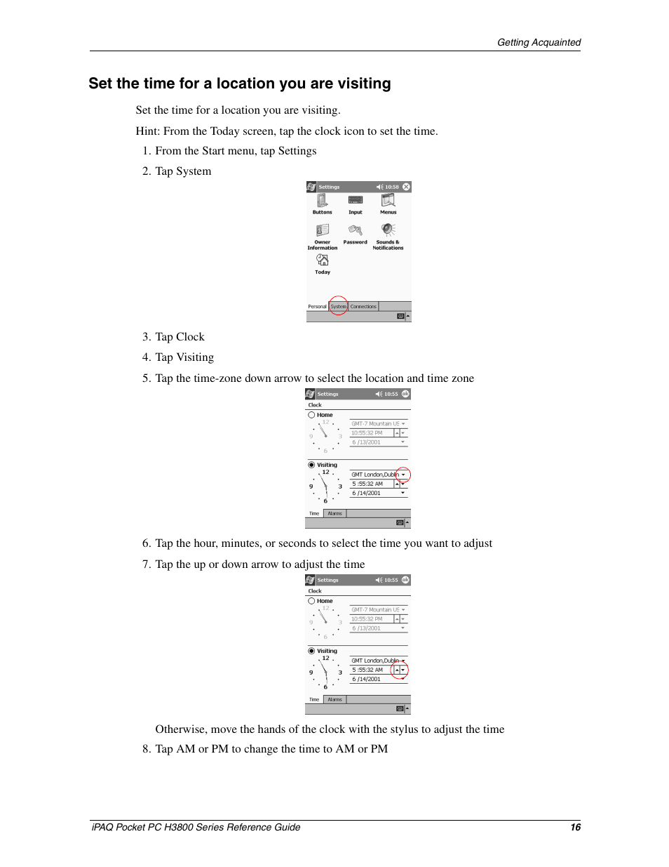 Set the time for a location you are visiting | HP iPAQ h3800 Pocket PC series User Manual | Page 16 / 116