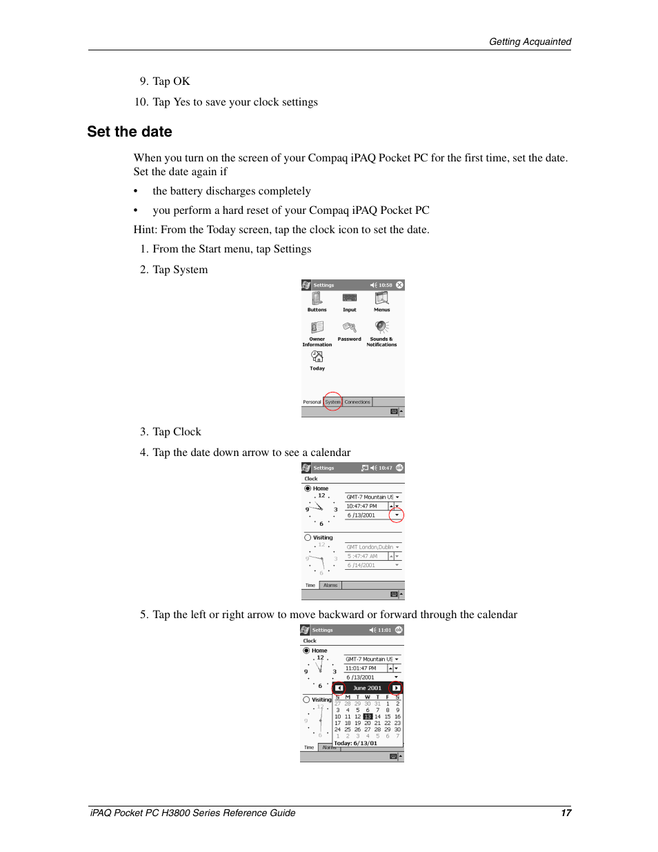 Set the date | HP iPAQ h3800 Pocket PC series User Manual | Page 17 / 116