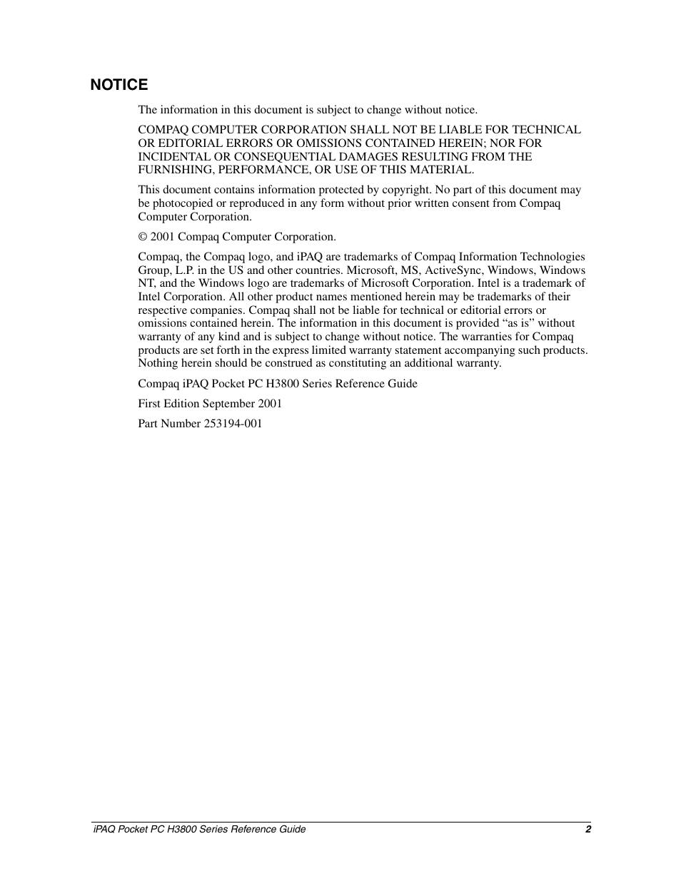 Notice | HP iPAQ h3800 Pocket PC series User Manual | Page 2 / 116