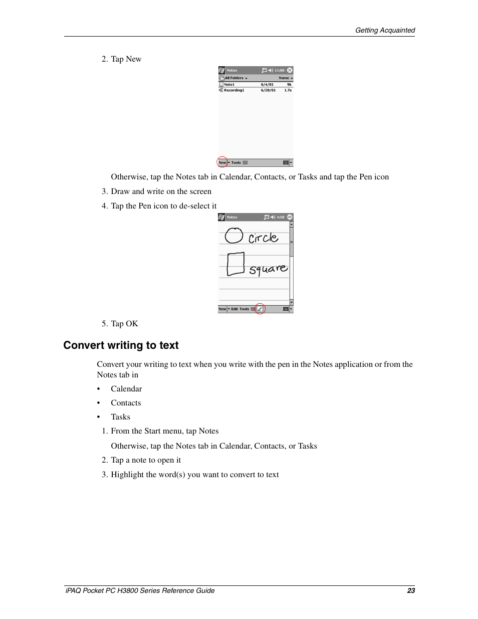 Convert writing to text | HP iPAQ h3800 Pocket PC series User Manual | Page 23 / 116