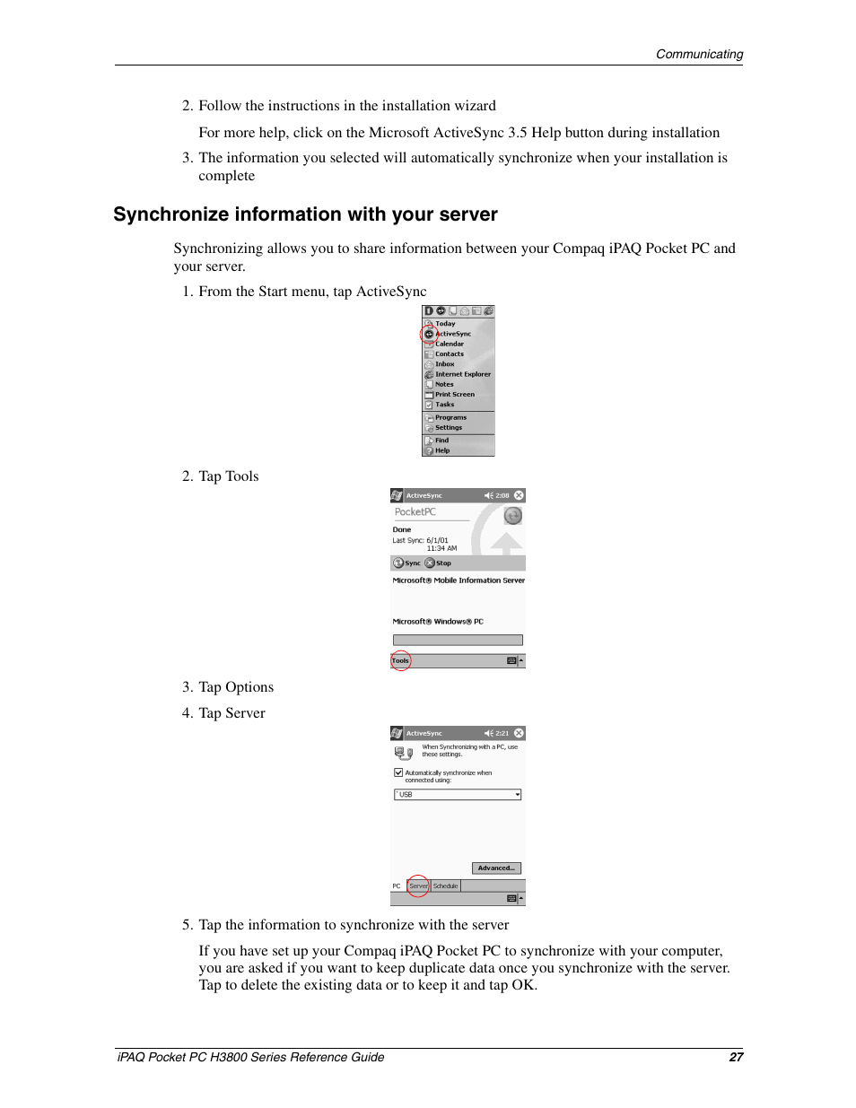 Synchronize information with your server | HP iPAQ h3800 Pocket PC series User Manual | Page 27 / 116