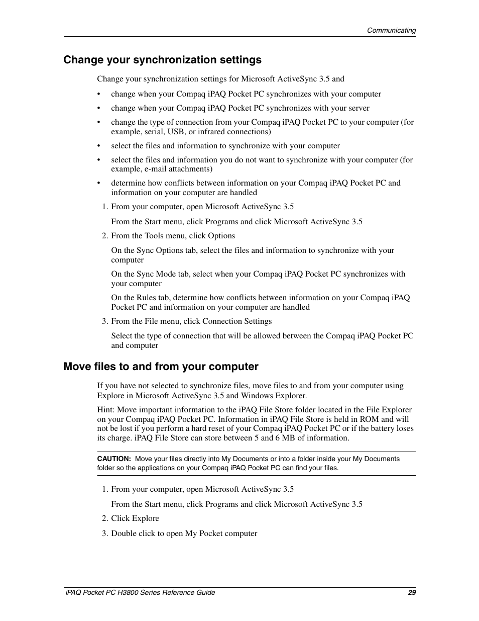 Change your synchronization settings, Move files to and from your computer | HP iPAQ h3800 Pocket PC series User Manual | Page 29 / 116
