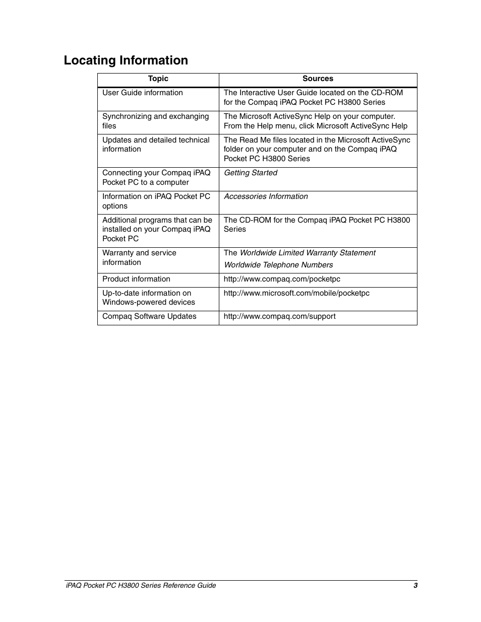 Locating information | HP iPAQ h3800 Pocket PC series User Manual | Page 3 / 116