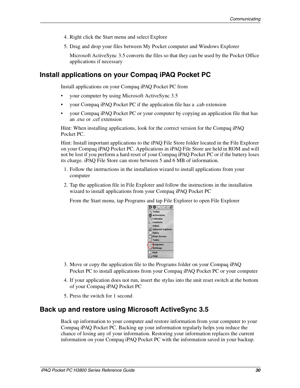 Install applications on your compaq ipaq pocketpc, Back up and restore using microsoft activesync3.5, Install applications on your compaq ipaq pocket pc | Back up and restore using microsoft activesync 3.5 | HP iPAQ h3800 Pocket PC series User Manual | Page 30 / 116