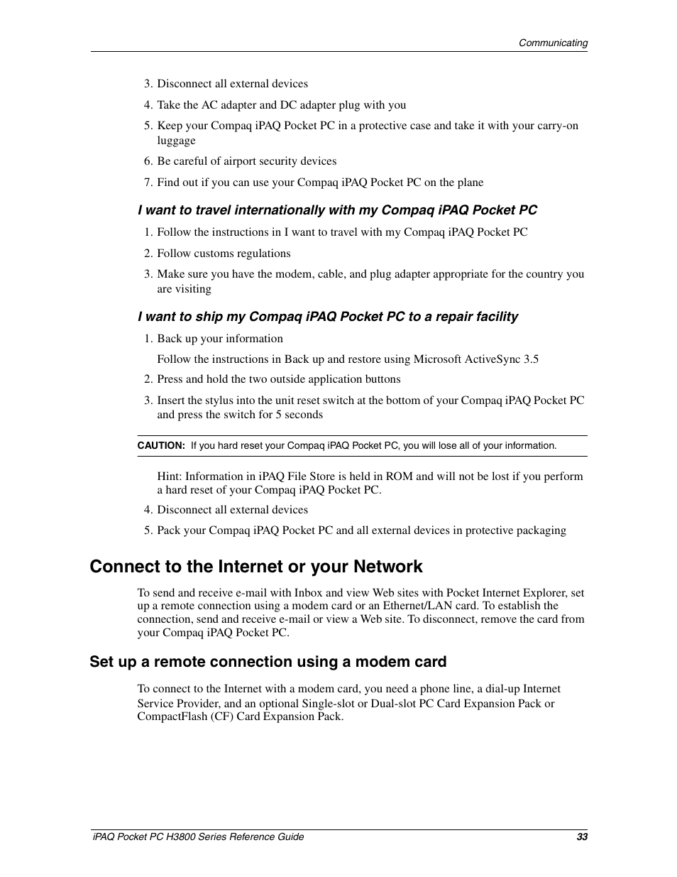 Connect to the internet or your network, Set up a remote connection using a modem card | HP iPAQ h3800 Pocket PC series User Manual | Page 33 / 116