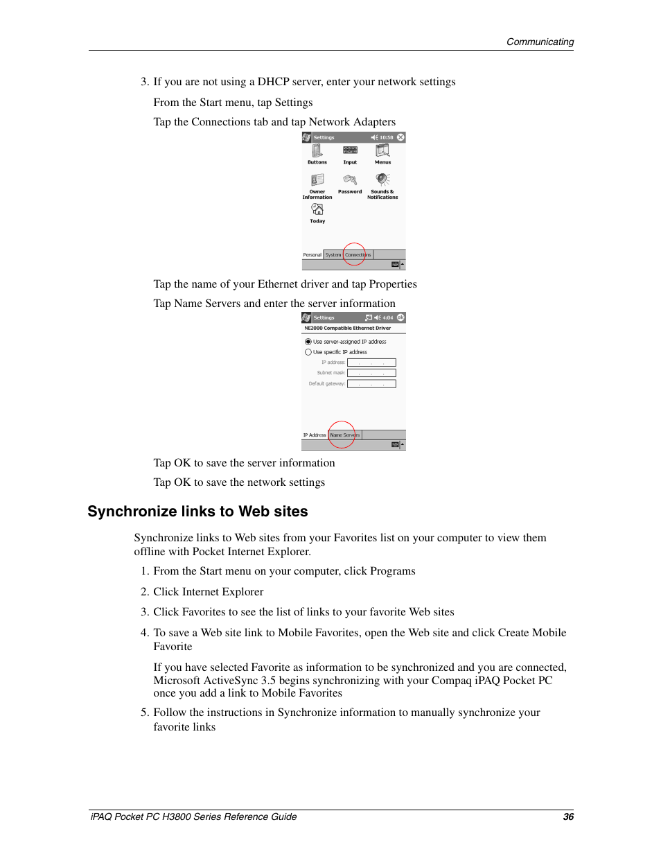 Synchronize links to web sites | HP iPAQ h3800 Pocket PC series User Manual | Page 36 / 116