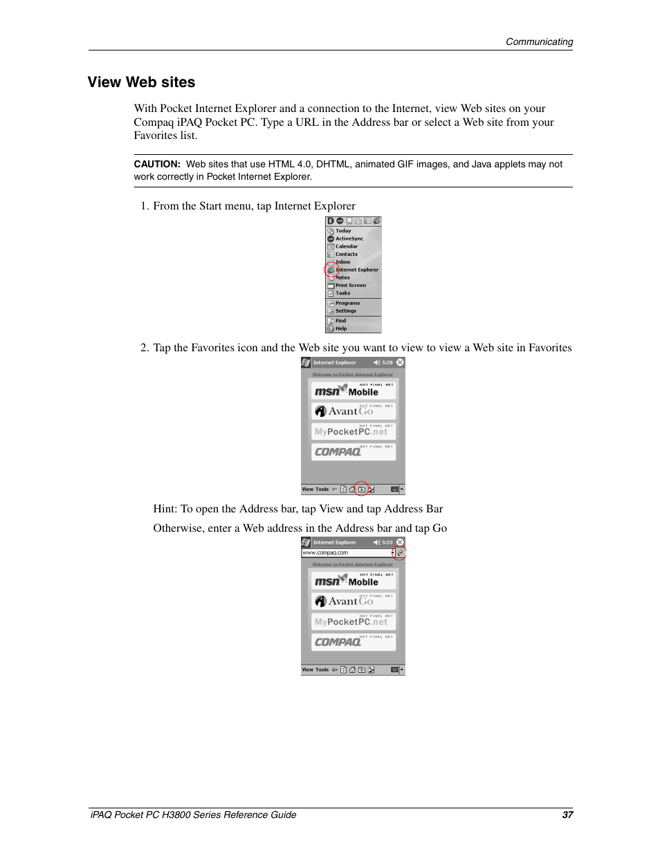View web sites | HP iPAQ h3800 Pocket PC series User Manual | Page 37 / 116