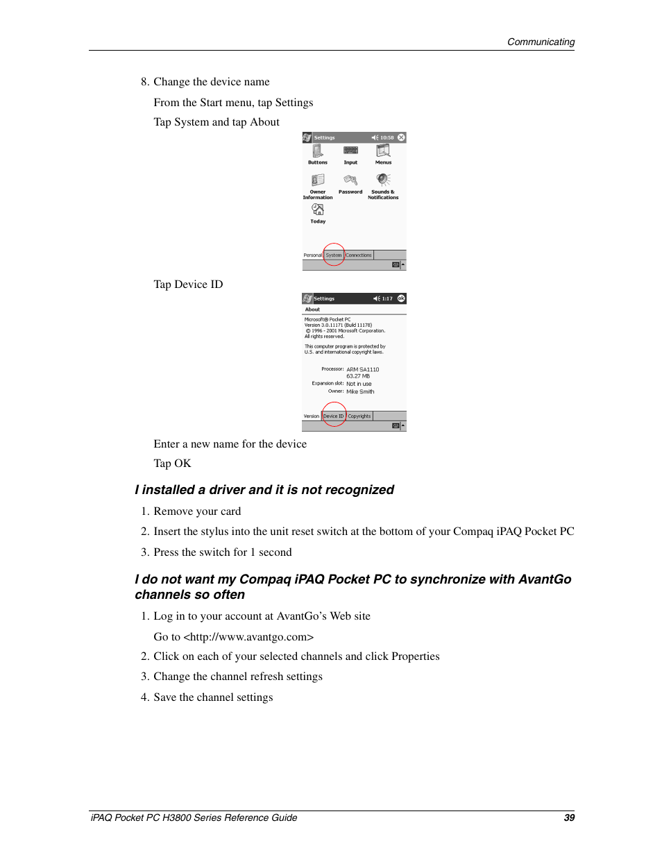 HP iPAQ h3800 Pocket PC series User Manual | Page 39 / 116