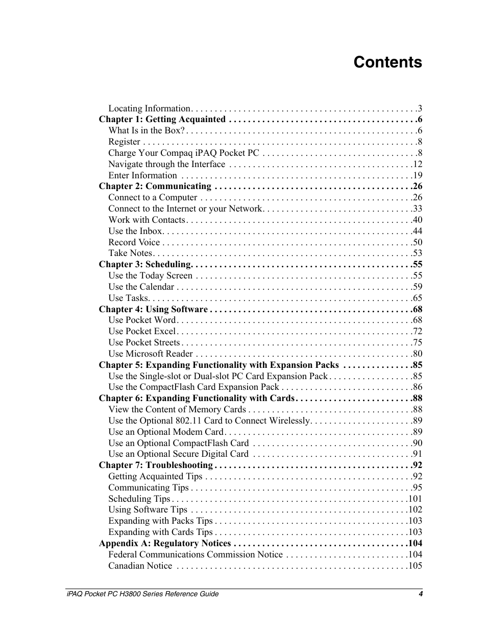 HP iPAQ h3800 Pocket PC series User Manual | Page 4 / 116