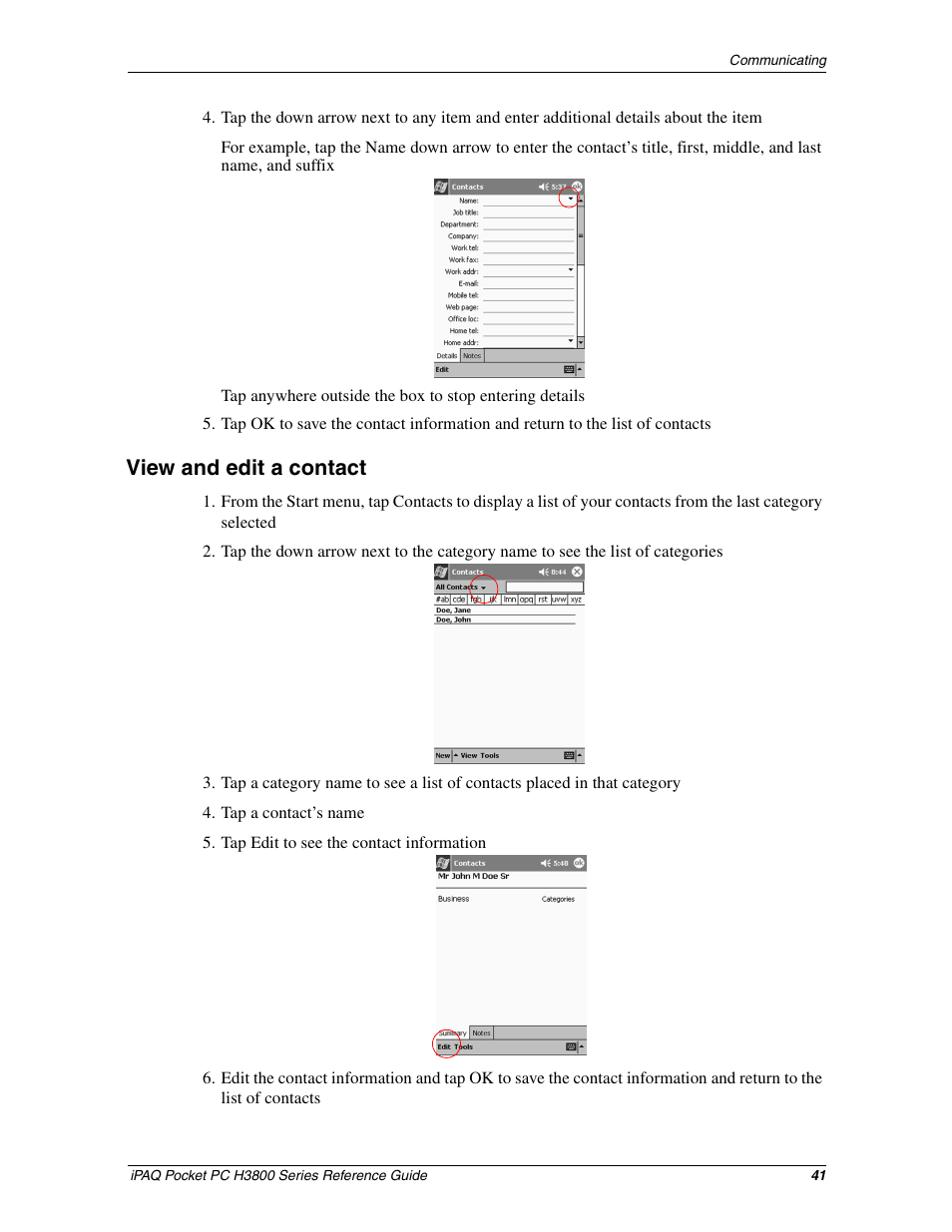 View and edit a contact | HP iPAQ h3800 Pocket PC series User Manual | Page 41 / 116
