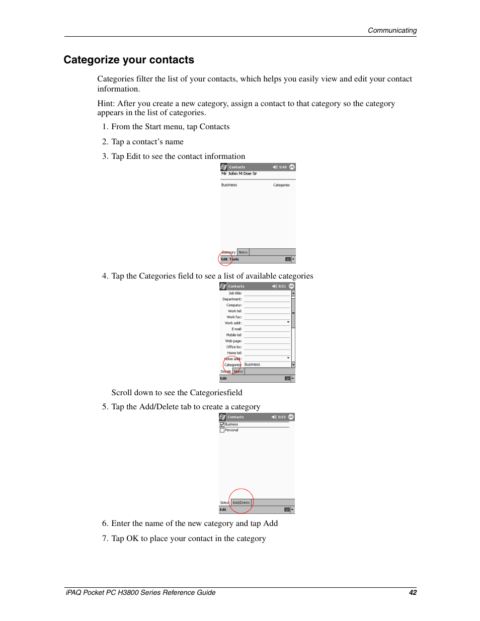 Categorize your contacts | HP iPAQ h3800 Pocket PC series User Manual | Page 42 / 116