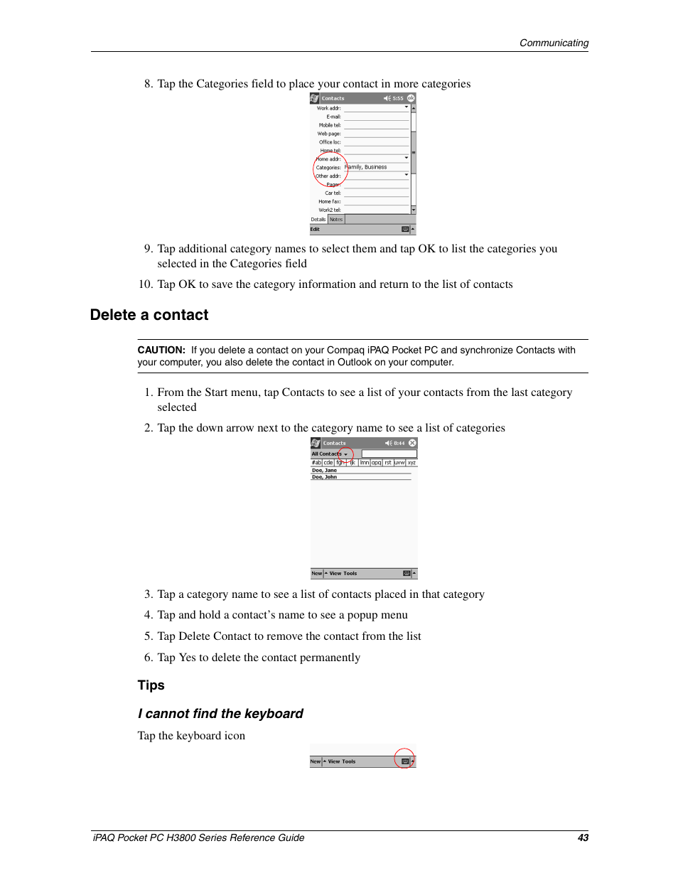 Delete a contact | HP iPAQ h3800 Pocket PC series User Manual | Page 43 / 116