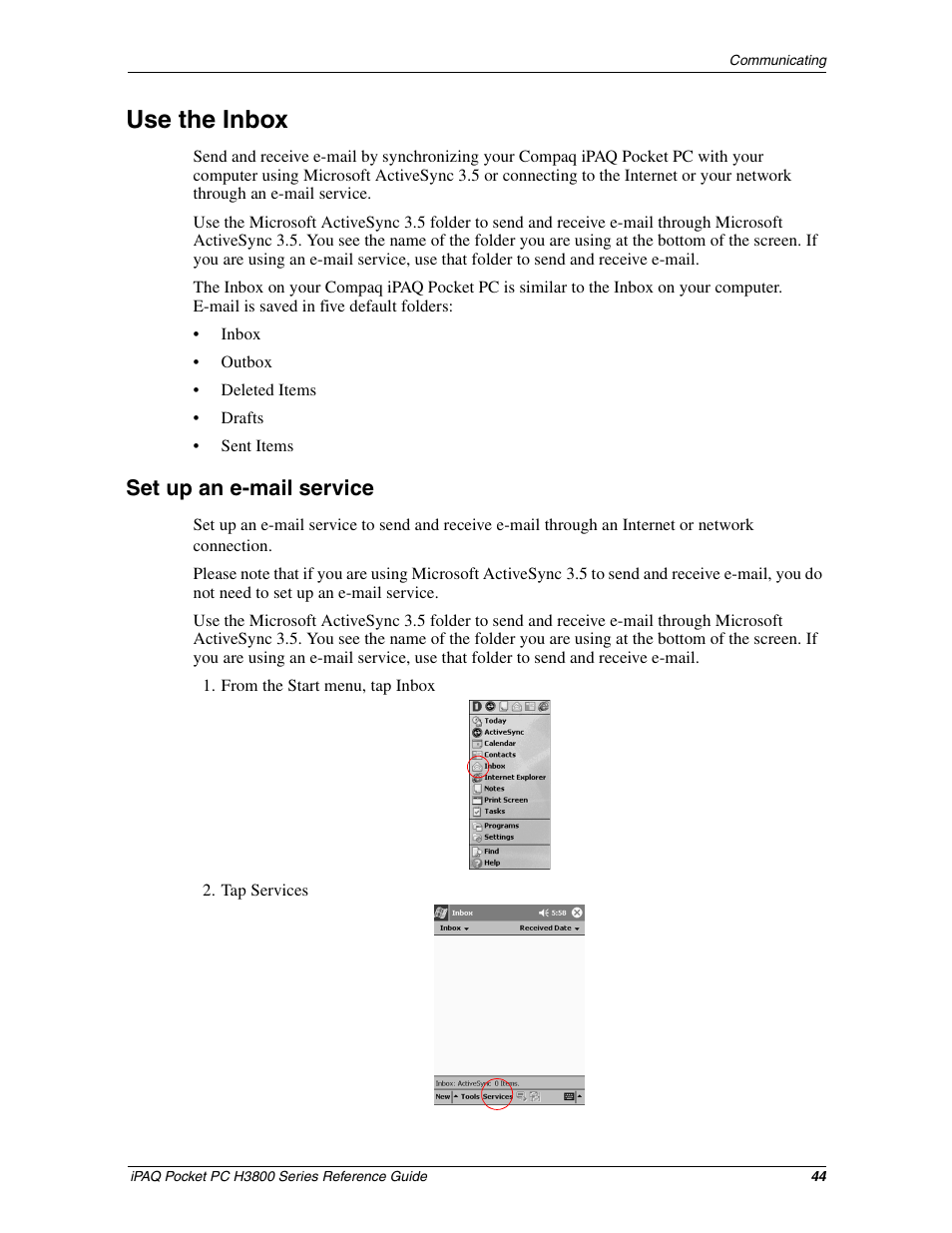 Use the inbox, Set up an e-mail service, Use the e-mail inbox | HP iPAQ h3800 Pocket PC series User Manual | Page 44 / 116