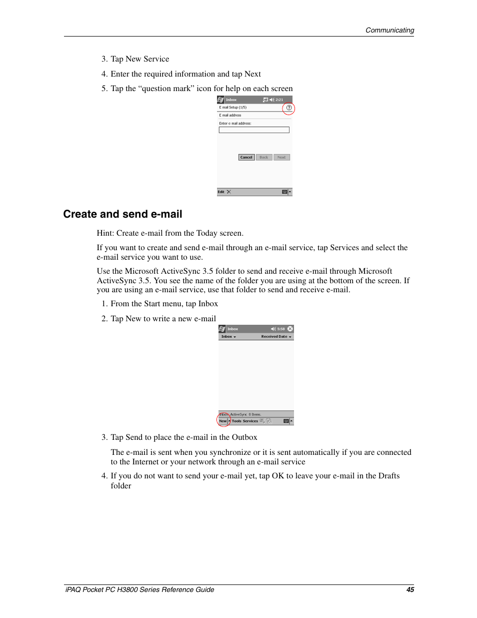 Create and send e-mail | HP iPAQ h3800 Pocket PC series User Manual | Page 45 / 116