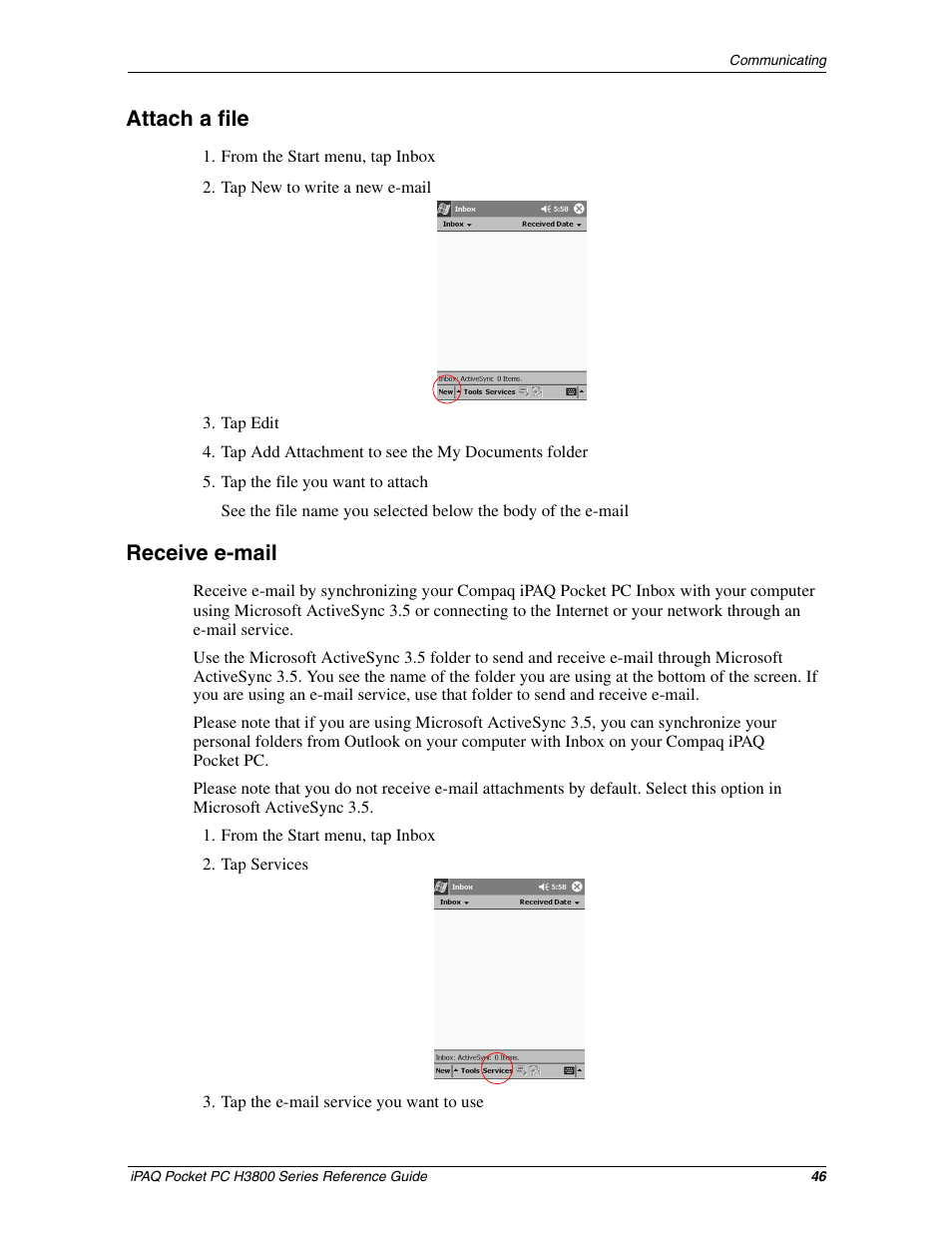 Attach a file, Receive e-mail | HP iPAQ h3800 Pocket PC series User Manual | Page 46 / 116