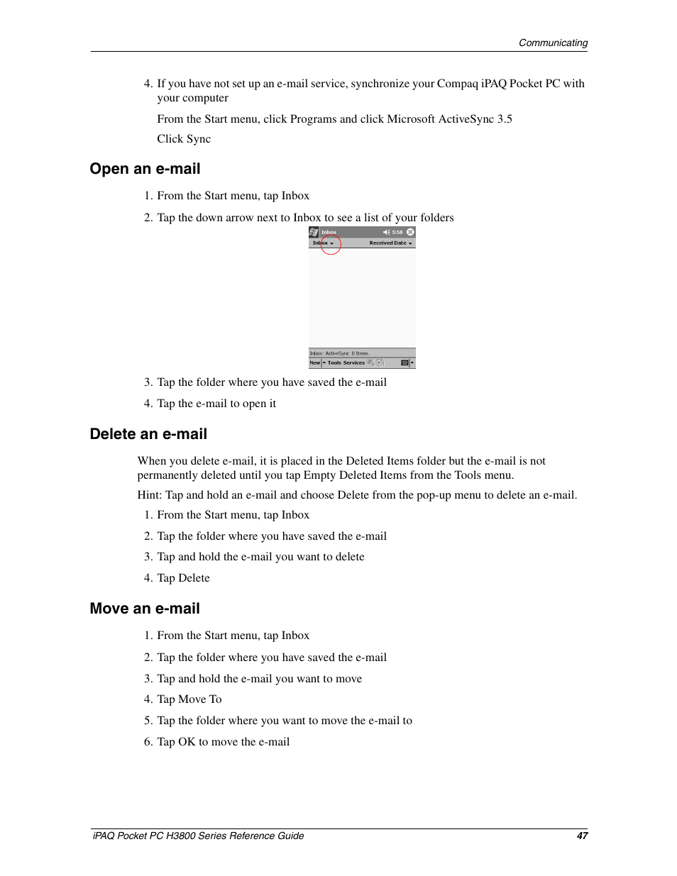 Open an e-mail, Delete an e-mail, Move an e-mail | HP iPAQ h3800 Pocket PC series User Manual | Page 47 / 116