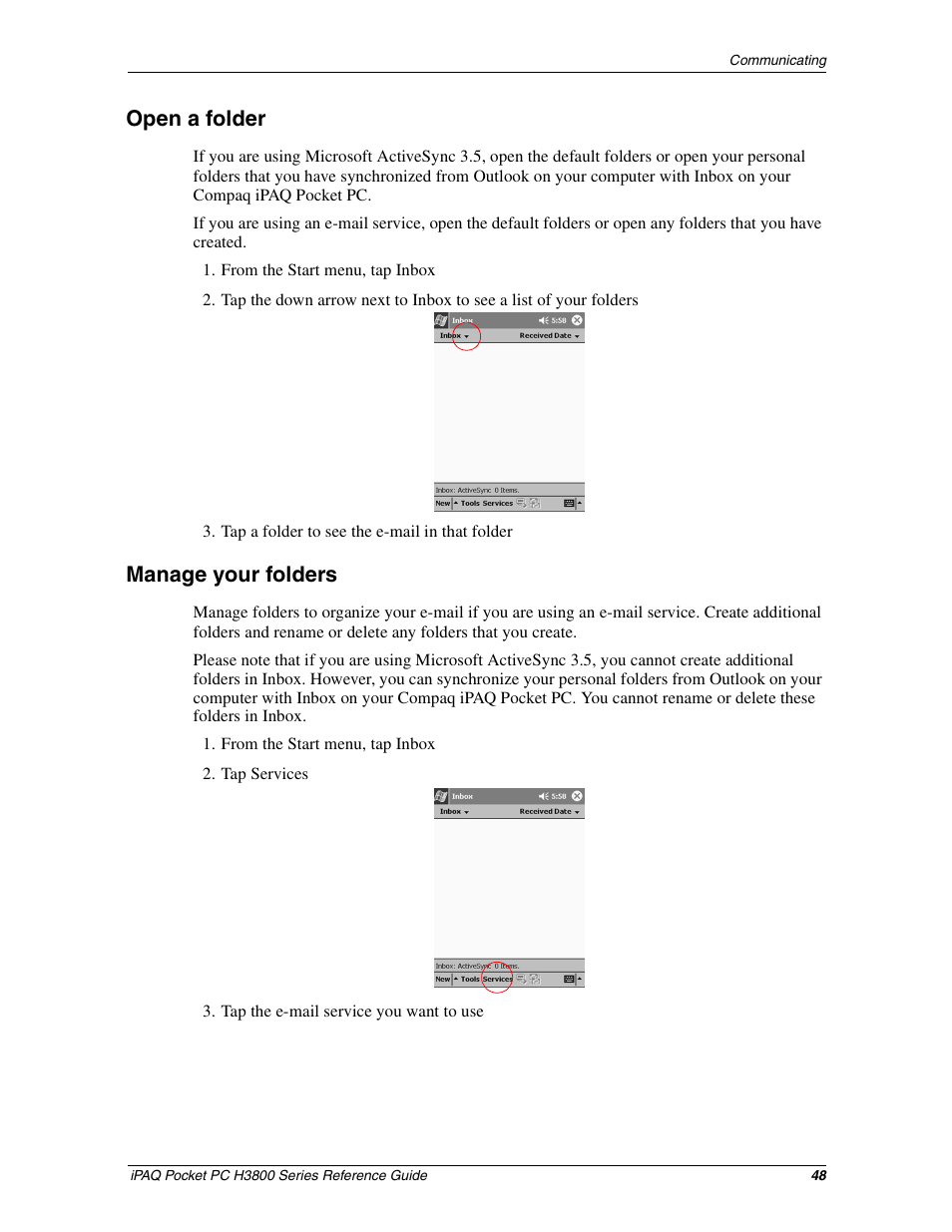 Open a folder, Manage your folders | HP iPAQ h3800 Pocket PC series User Manual | Page 48 / 116