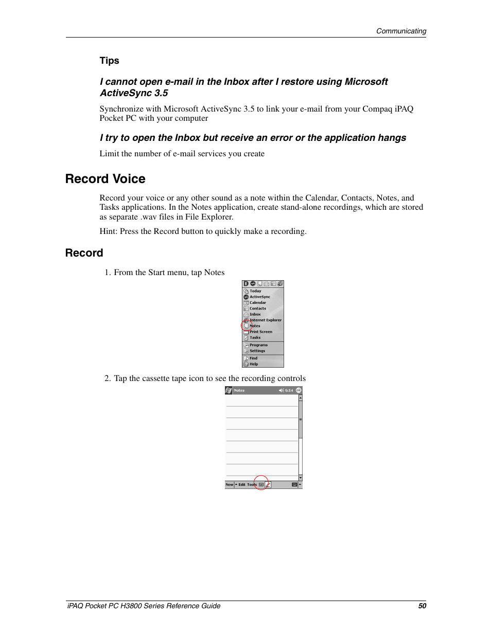 Record voice, Record, Record messages with the microphone | HP iPAQ h3800 Pocket PC series User Manual | Page 50 / 116