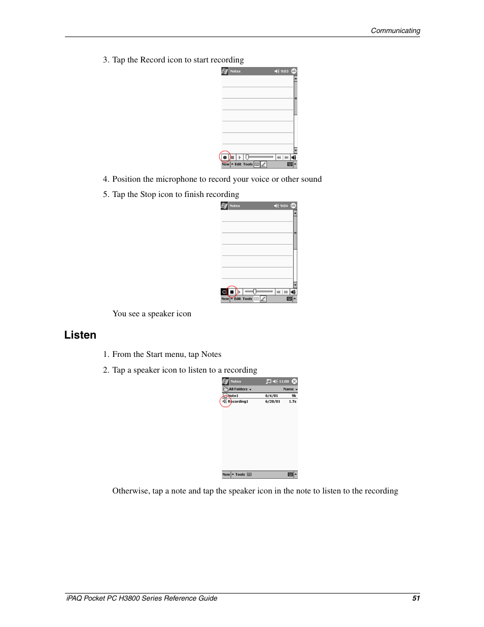 Listen | HP iPAQ h3800 Pocket PC series User Manual | Page 51 / 116