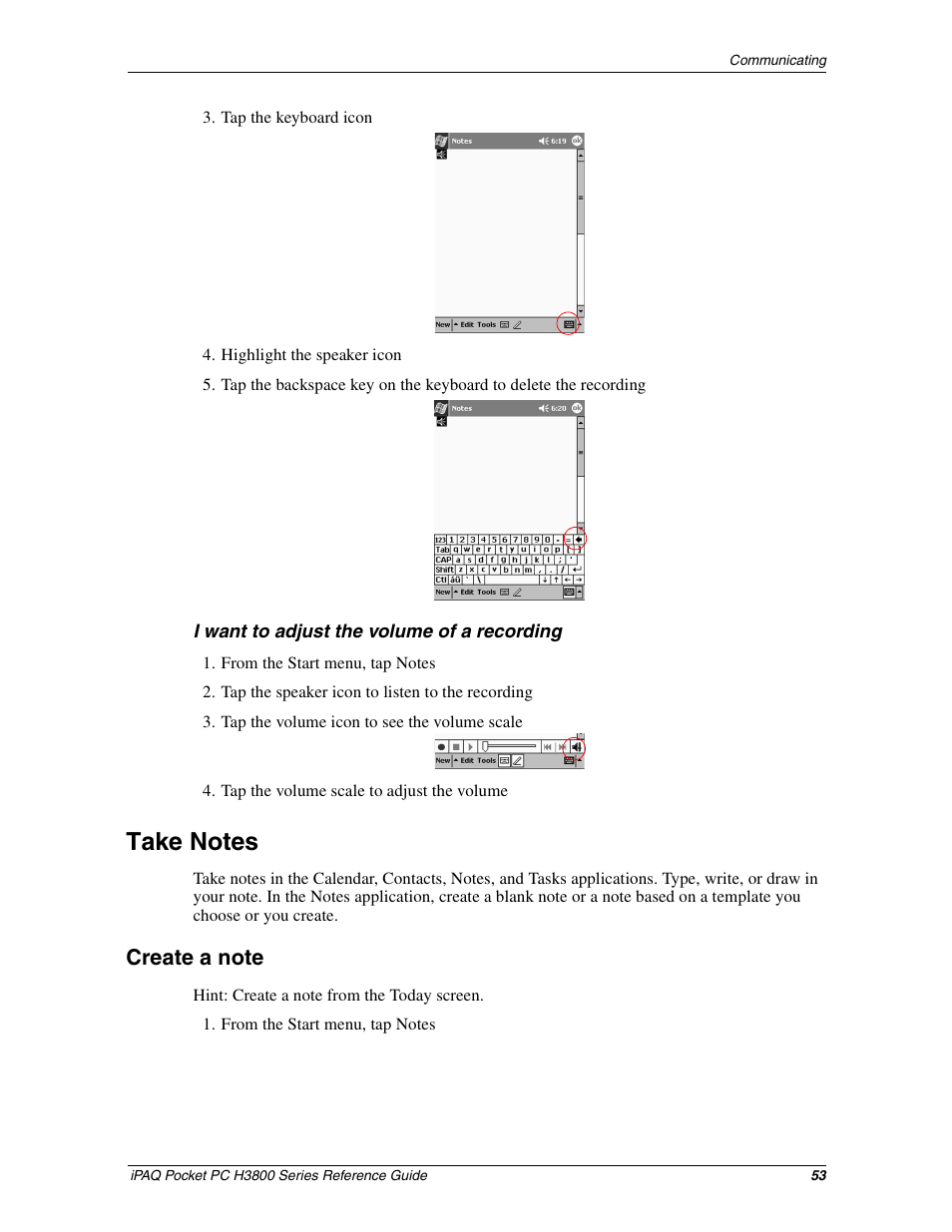 Take notes, Create a note | HP iPAQ h3800 Pocket PC series User Manual | Page 53 / 116