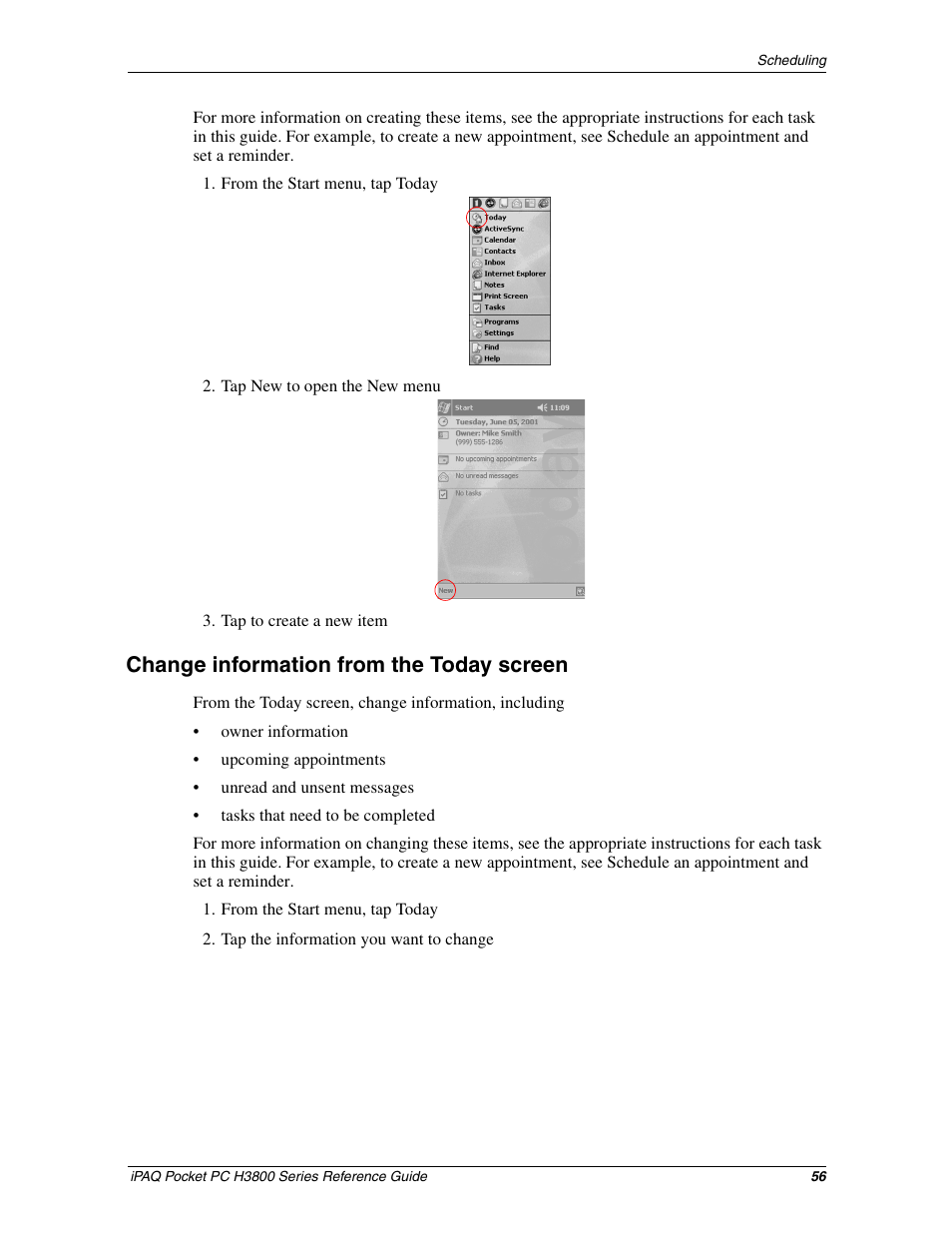 Change information from the today screen | HP iPAQ h3800 Pocket PC series User Manual | Page 56 / 116
