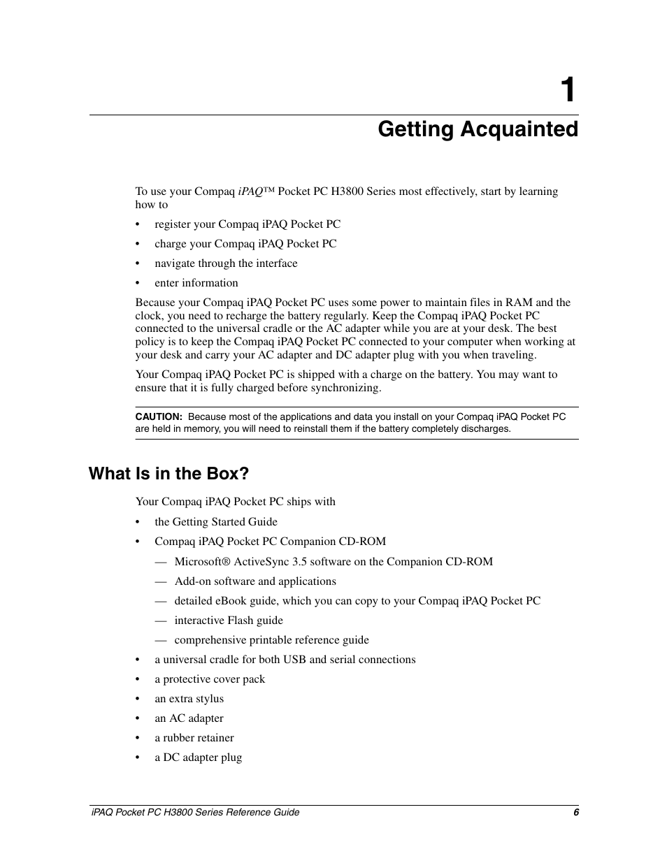 Getting acquainted, What is in the box, Chapter 1: getting acquainted | HP iPAQ h3800 Pocket PC series User Manual | Page 6 / 116