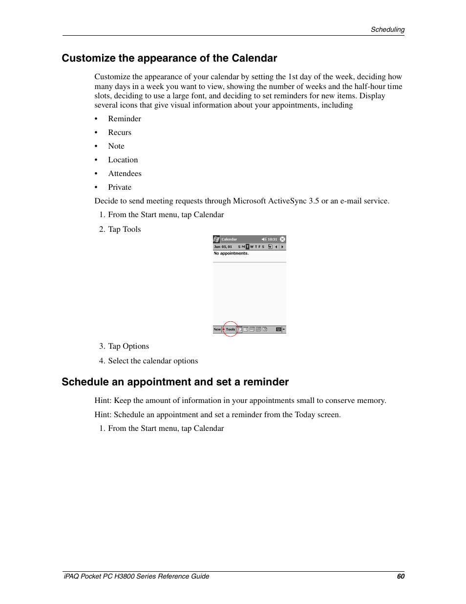 Customize the appearance of the calendar, Schedule an appointment and set a reminder, Schedule appointments | Set reminders | HP iPAQ h3800 Pocket PC series User Manual | Page 60 / 116