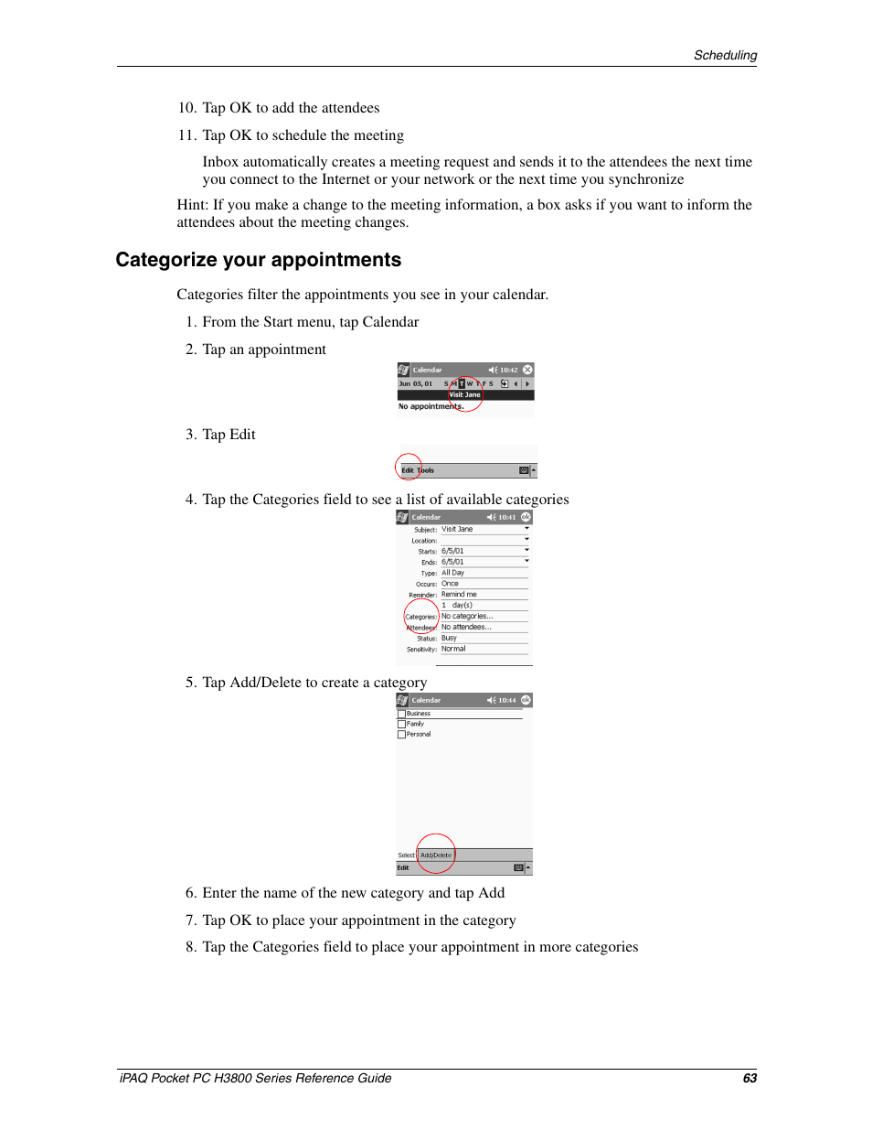 Categorize your appointments | HP iPAQ h3800 Pocket PC series User Manual | Page 63 / 116