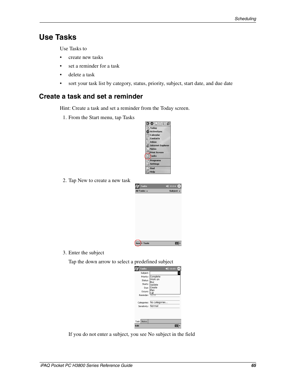 Use tasks, Create a task and set a reminder, Create a task list | HP iPAQ h3800 Pocket PC series User Manual | Page 65 / 116