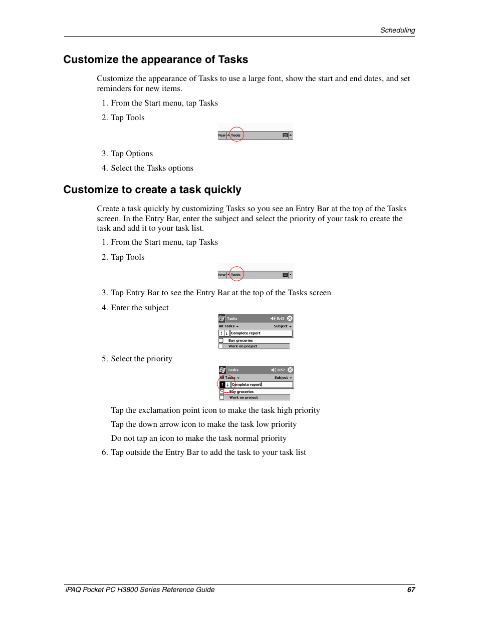 Customize the appearance of tasks, Customize to create a task quickly | HP iPAQ h3800 Pocket PC series User Manual | Page 67 / 116
